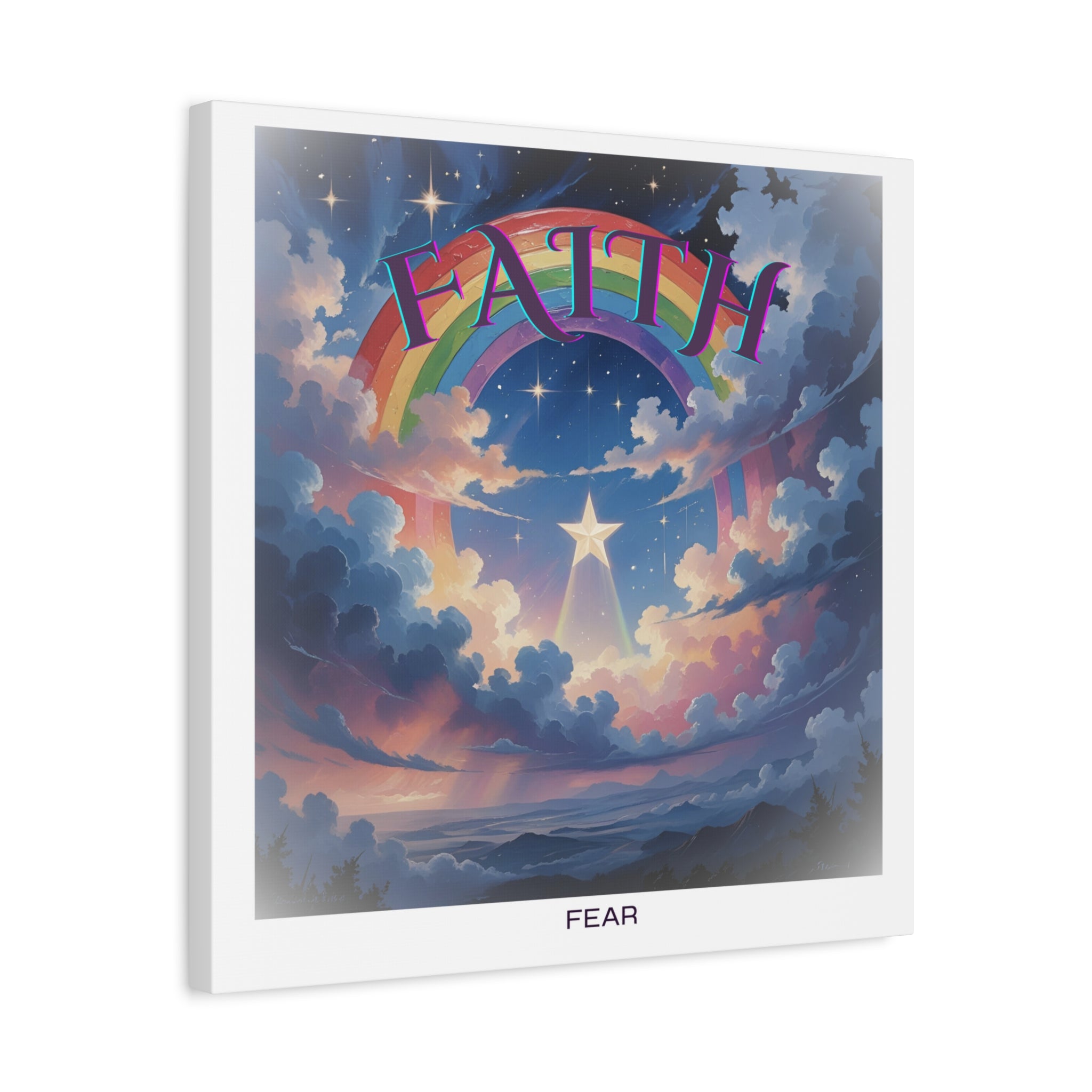 "Faith over Fear" graphic print on canvas, polaroid style, Rainbow, Faith