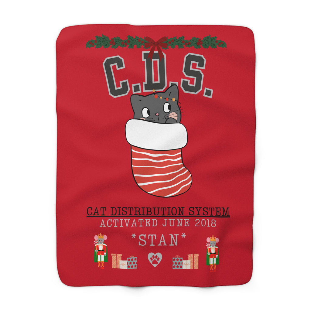 Custom Sherpa Blanket — 'C.D.S. Cat Distribution System' Christmas Stocking Design, Personalized Pet Holiday Throw, 2 sizes