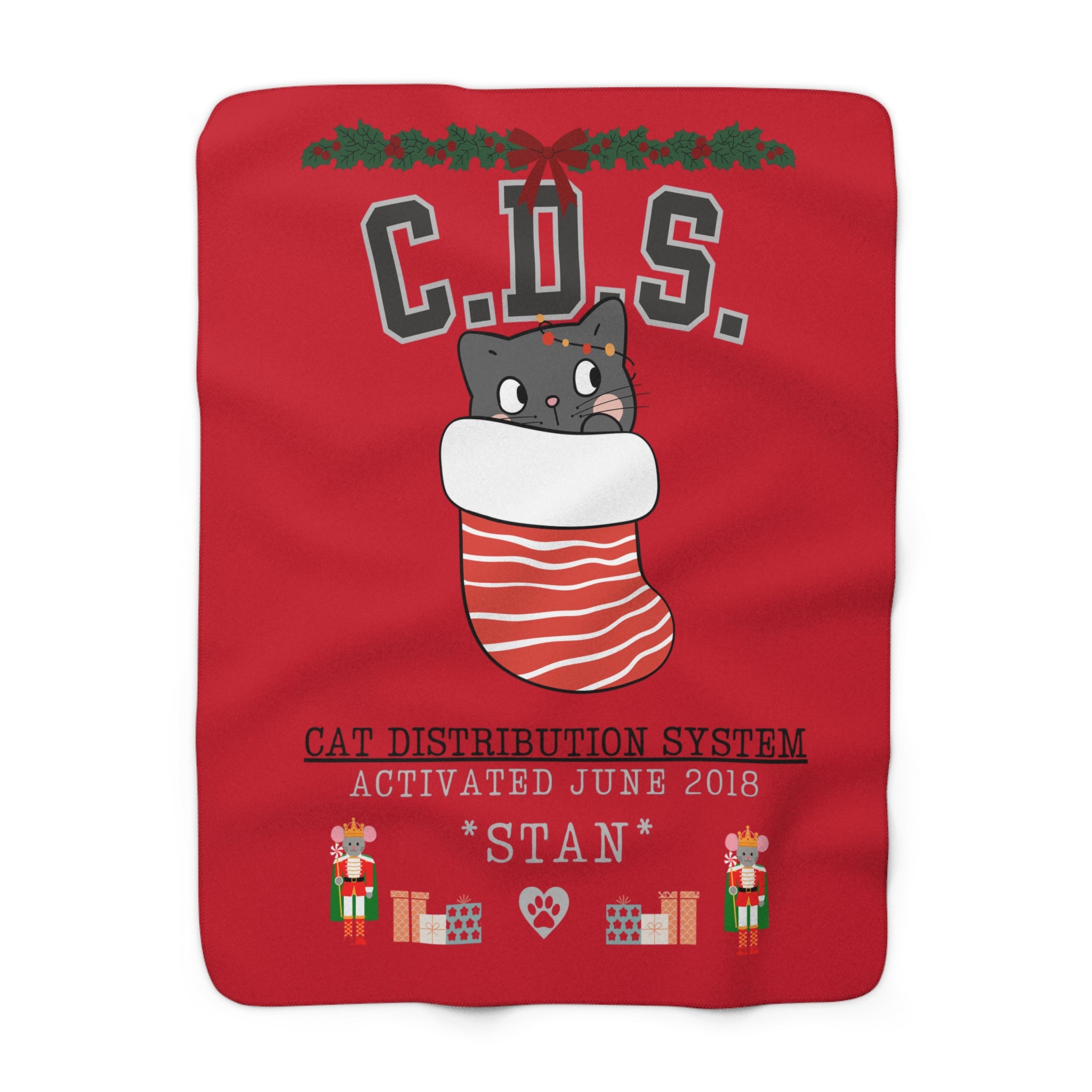 Custom Sherpa Blanket — 'C.D.S. Cat Distribution System' Christmas Stocking Design, Personalized Pet Holiday Throw, 2 sizes