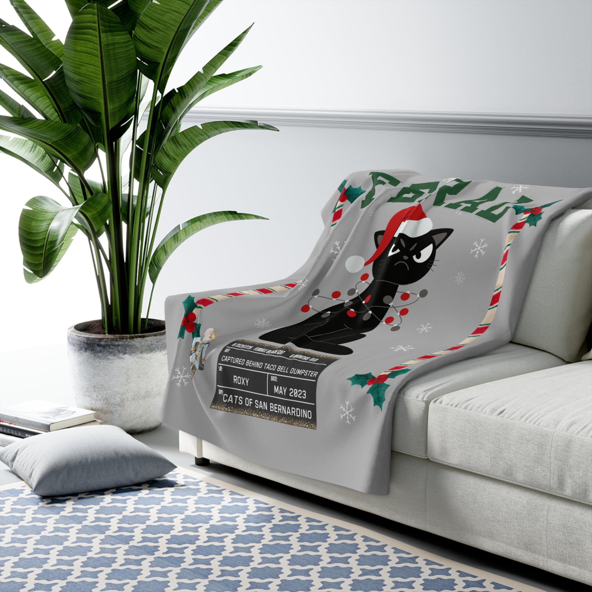 "Feral" Cat Personalized Holiday Sherpa Blanket — Cute Black Cat Christmas Throw, 50% of profits support Animal Rescues