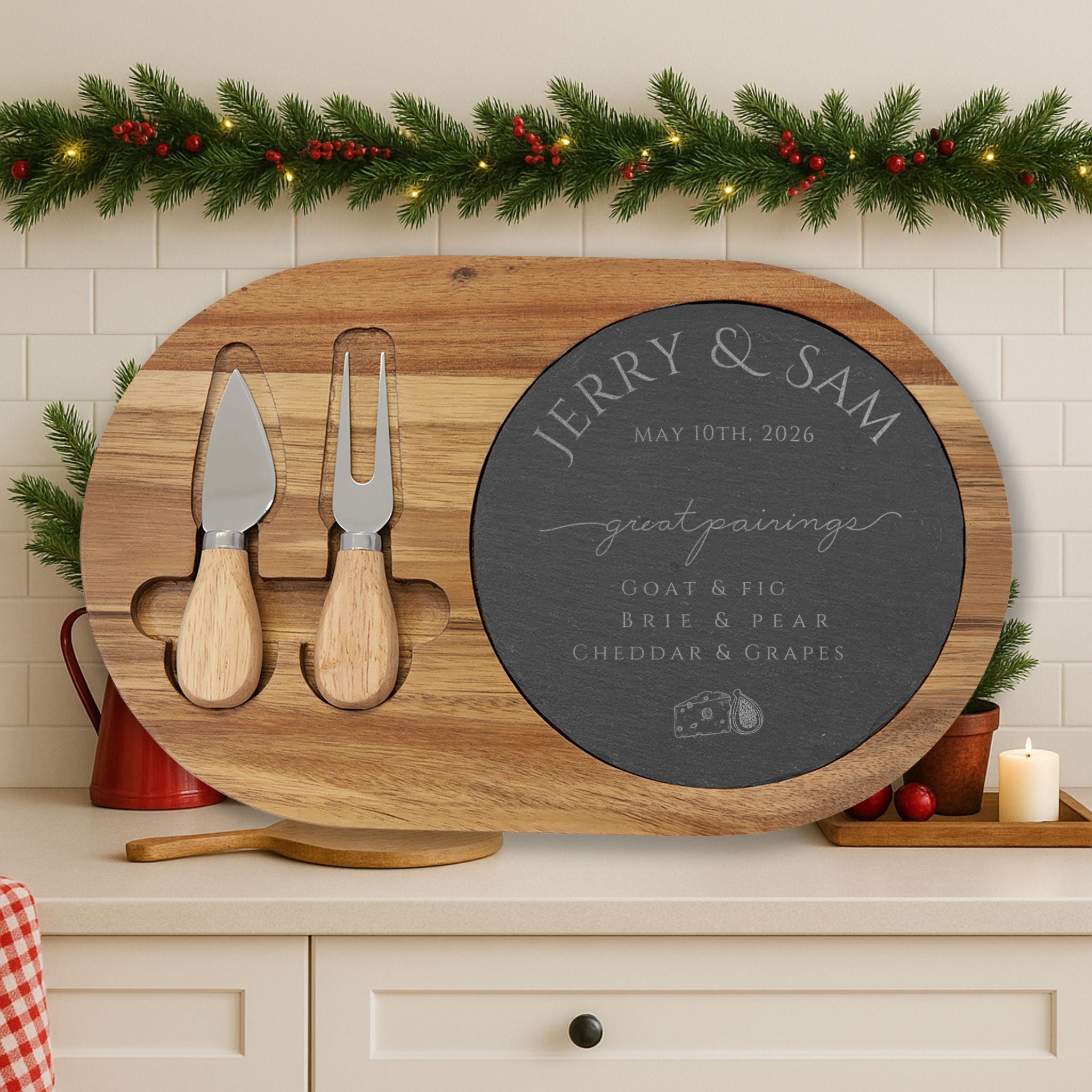 Engraved Bamboo Charcuterie Board with Slate Round & Cheese Tools — Personalized Wedding/Housewarming Gift, Hostess Gifts