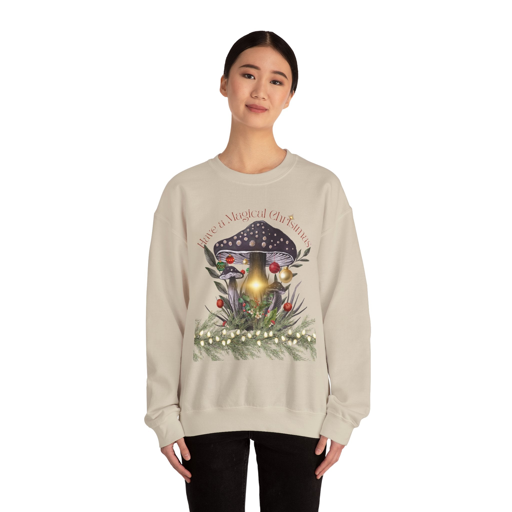 Magic Mushroom Holiday Sweatshirt — "There's a Light in the Center" Cozy, Magic Vintage Mushroom Christmas