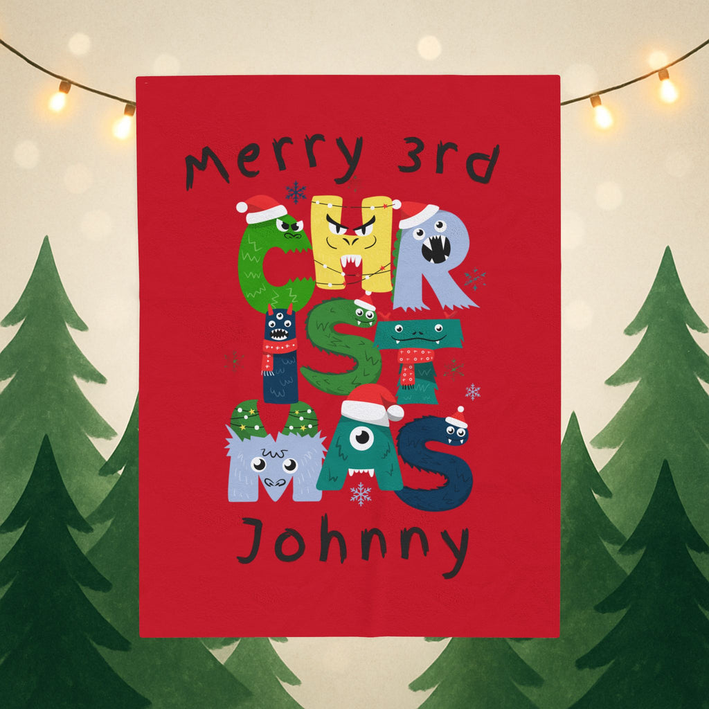 Kids Gift Plush Blanket — Personalized "Merry 3rd Christmas Johnny" Kids Holiday Throw, Velveteen, 2 sizes