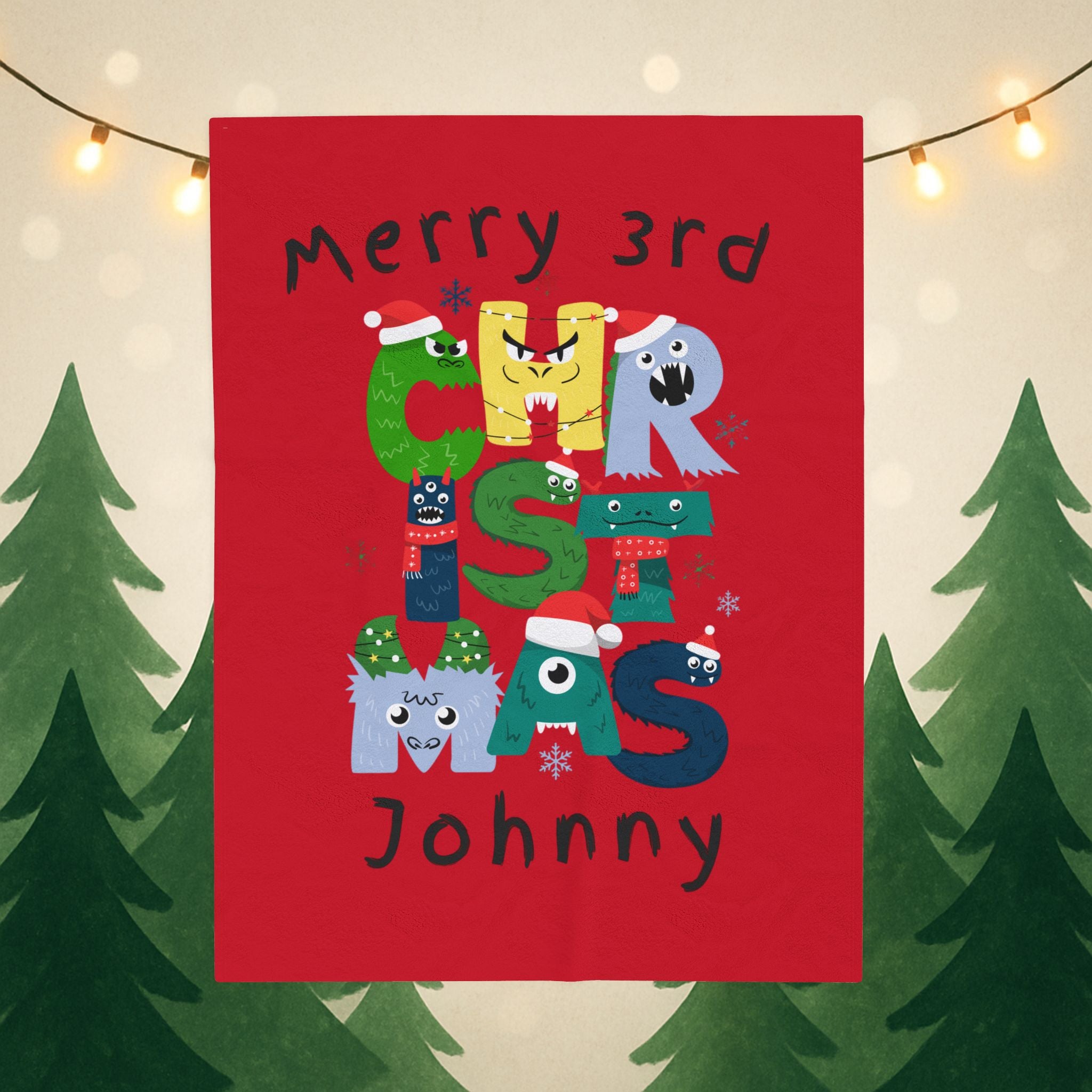 Kids Gift Plush Blanket — Personalized "Merry 3rd Christmas Johnny" Kids Holiday Throw, Velveteen, 2 sizes