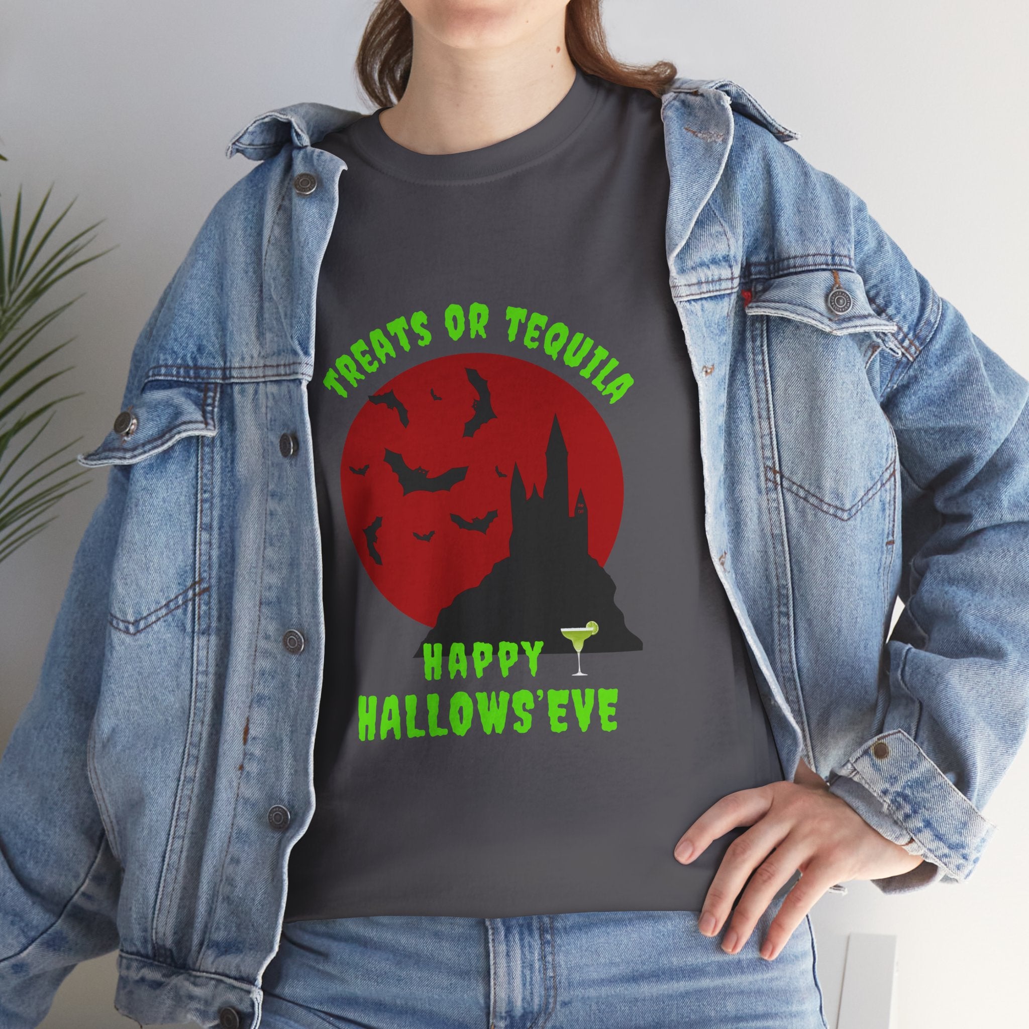 "Treats or Tequila" Halloween Unisex T'shirt,  Fun Drinks Halloween Party Wear
