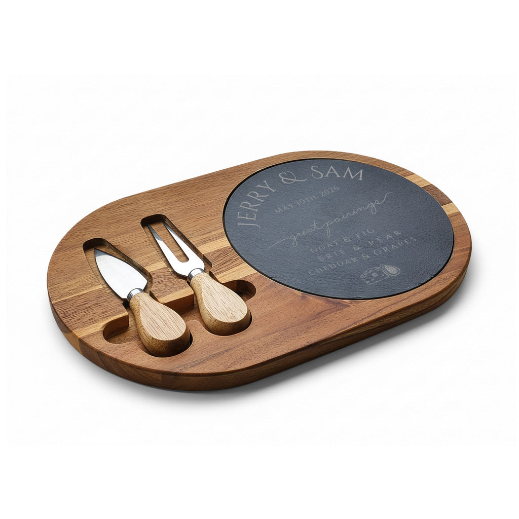 Engraved Bamboo Charcuterie Board with Slate Round & Cheese Tools — Personalized Wedding/Housewarming Gift, Hostess Gifts