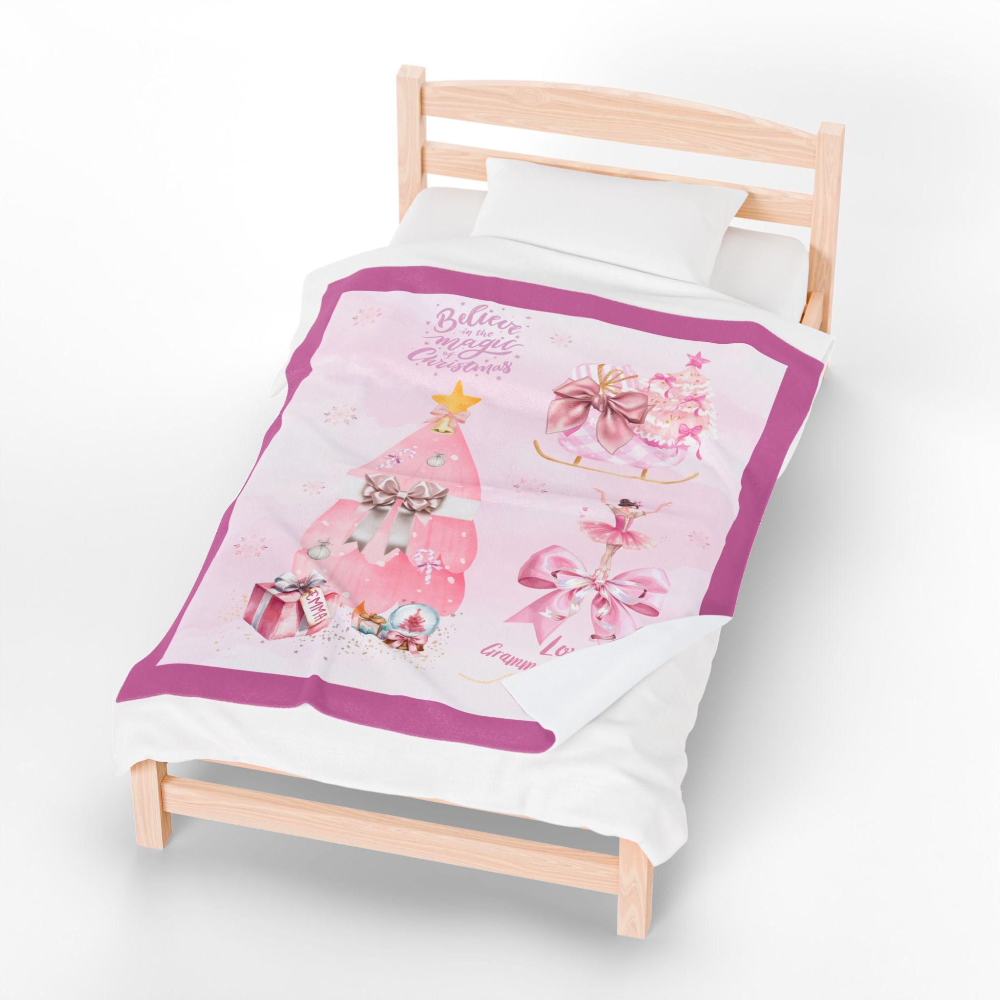Pink Christmas Personalized Velveteen Blanket – “Believe in Magic” Holiday Throw for Girls & Grandkids, Daughters, Gifts for Her