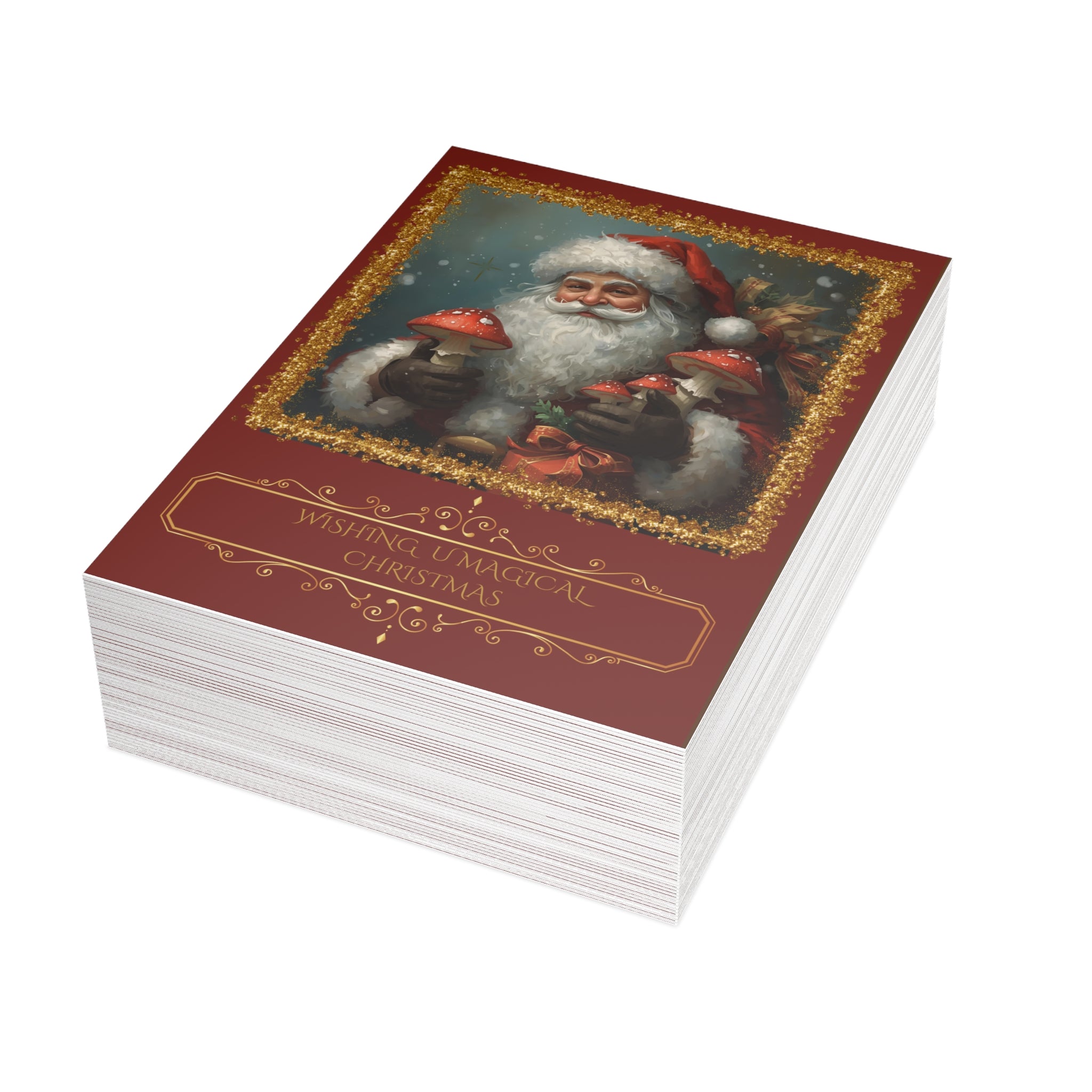 Personalized Holiday Santa Greeting Card Mushroom Theme— "Wishing U Magical Christmas" (Bulk Packs: (10/30/50)