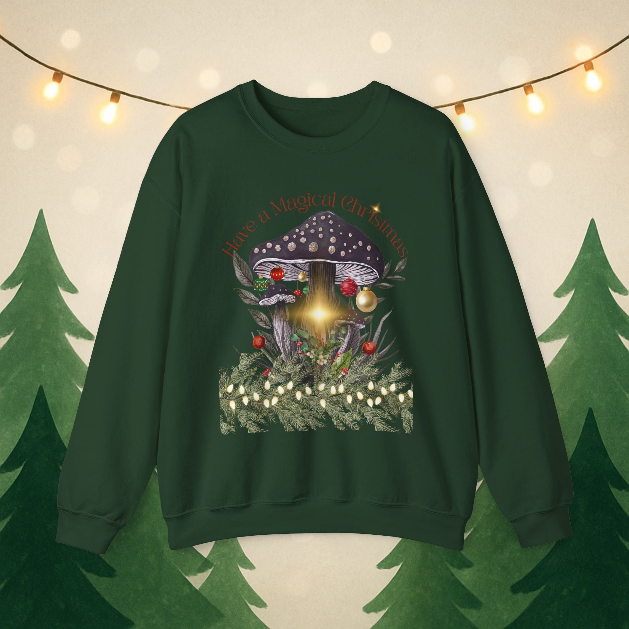 Magic Mushroom Holiday Sweatshirt — "There's a Light in the Center" Cozy, Magic Vintage Mushroom Christmas