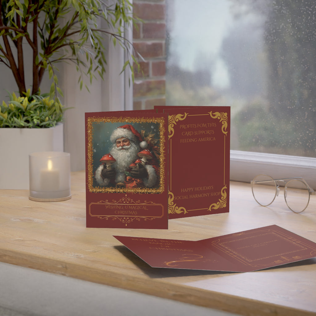 Personalized Holiday Santa Greeting Card Mushroom Theme— "Wishing U Magical Christmas" (Bulk Packs: (10/30/50)
