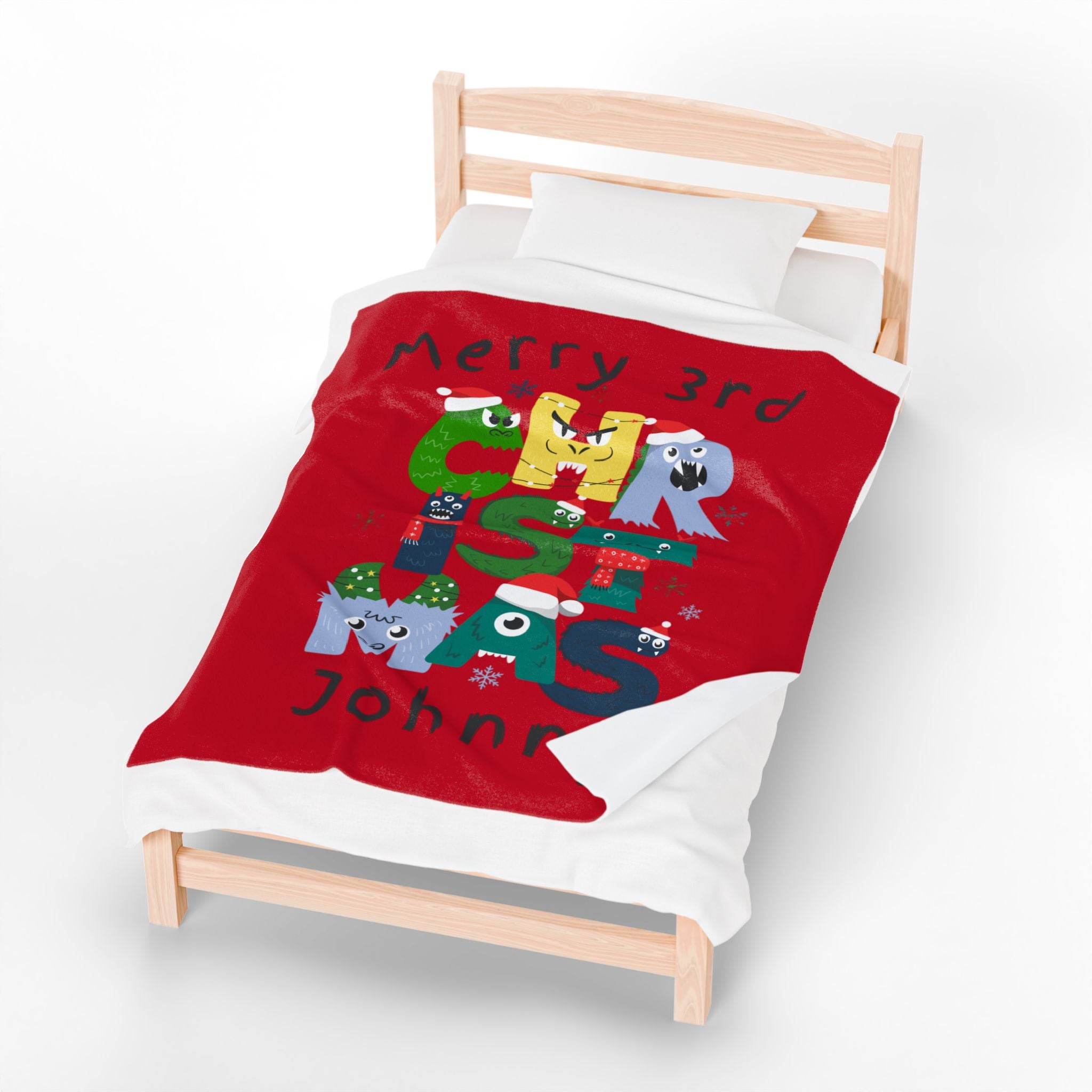Kids Gift Plush Blanket — Personalized "Merry 3rd Christmas Johnny" Kids Holiday Throw, Velveteen, 2 sizes