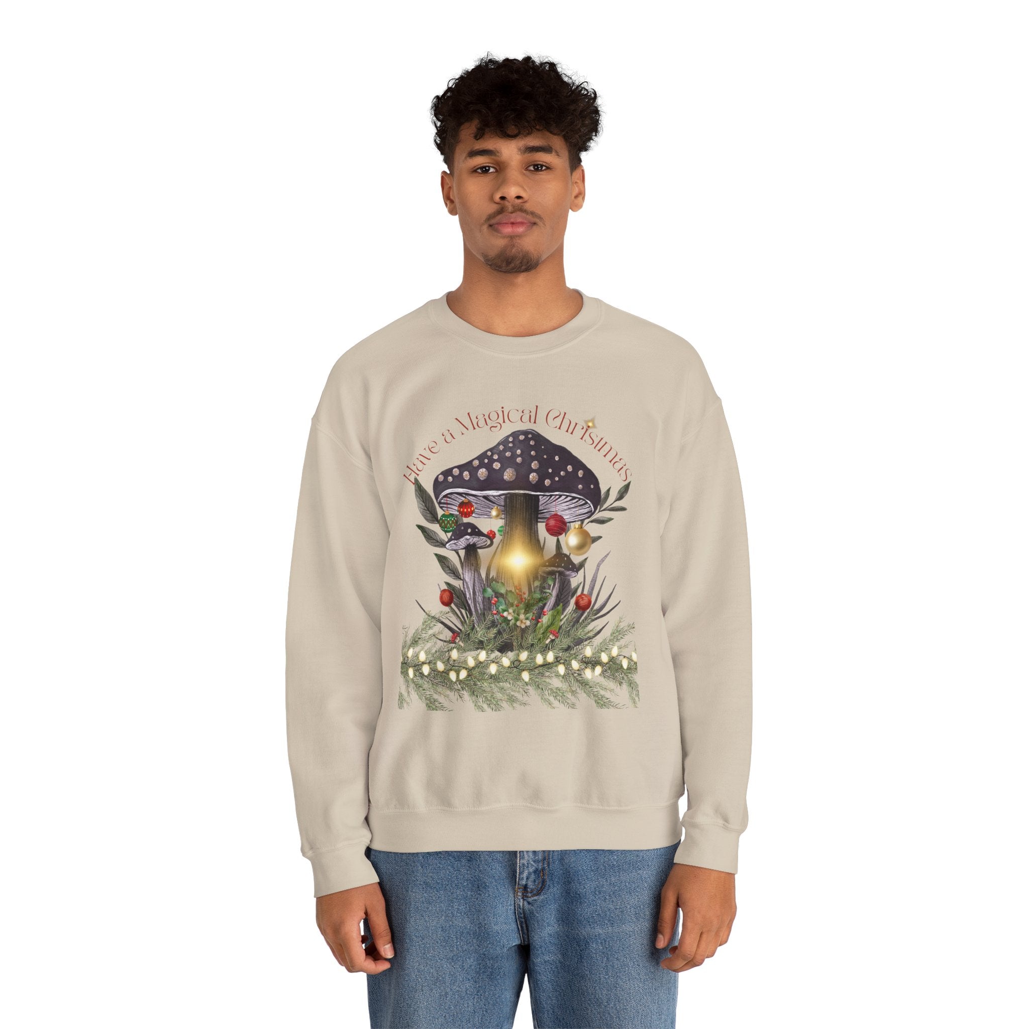 Magic Mushroom Holiday Sweatshirt — "There's a Light in the Center" Cozy, Magic Vintage Mushroom Christmas