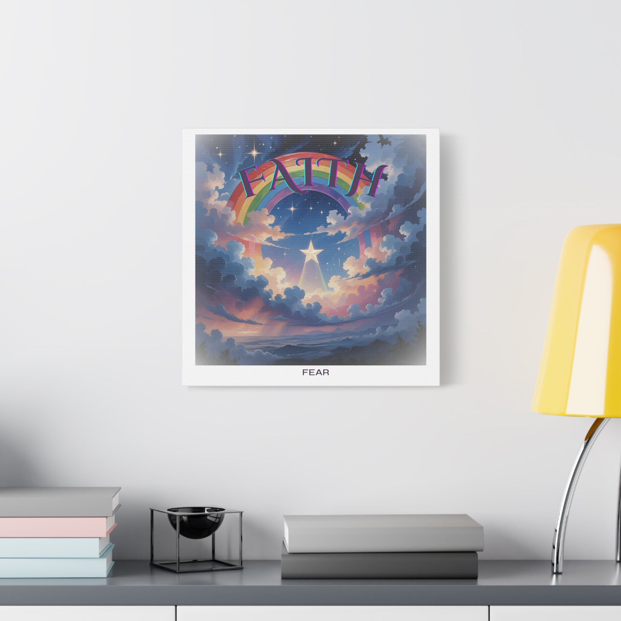 "Faith over Fear" graphic print on canvas, polaroid style, Rainbow, Faith