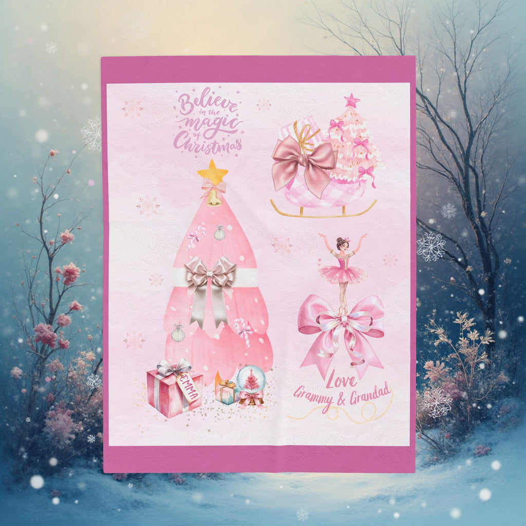 Pink Christmas Personalized Velveteen Blanket – “Believe in Magic” Holiday Throw for Girls & Grandkids, Daughters, Gifts for Her