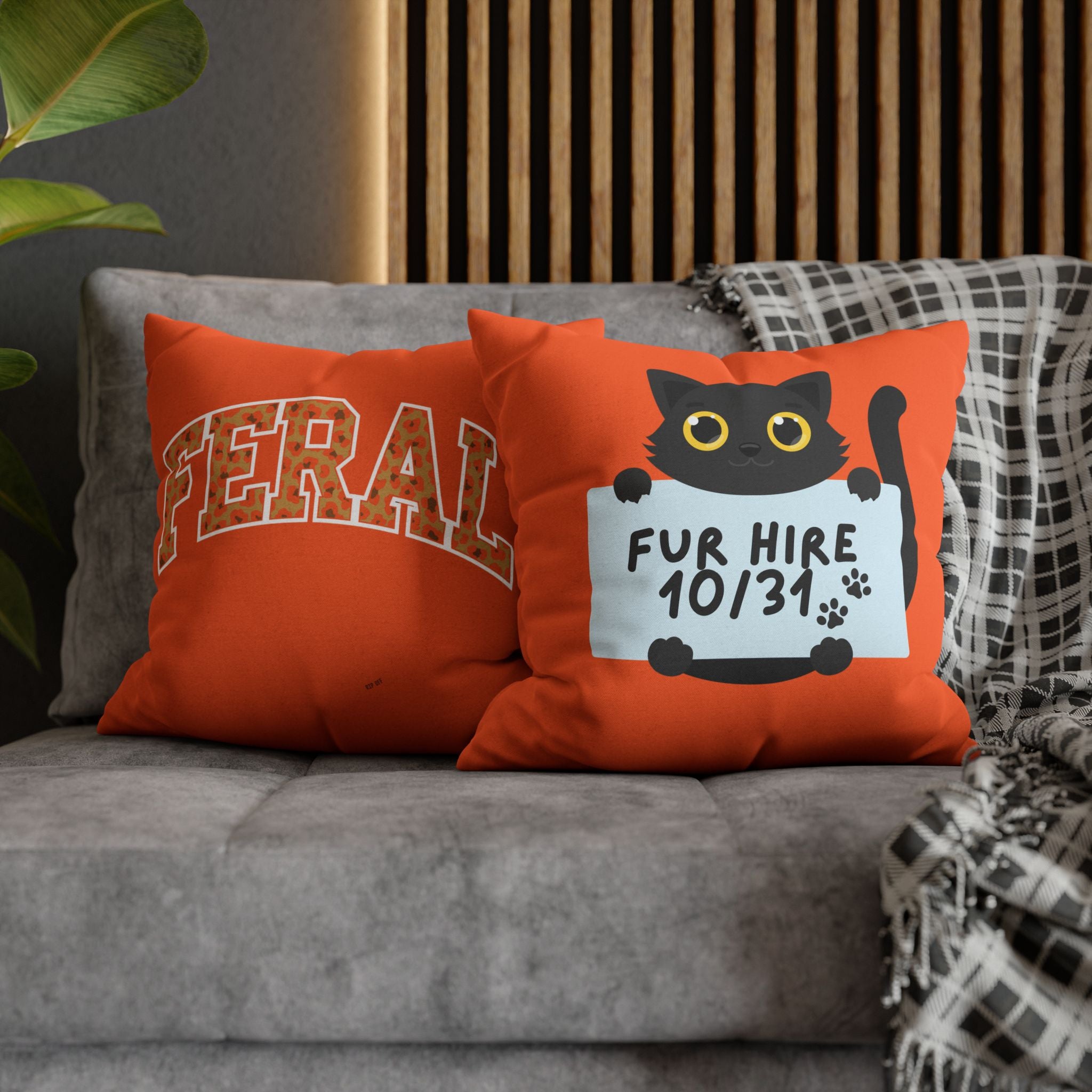 "Feral" and " Fur Hire" Cat Reversible Halloween Pillowcase, 3 sizes