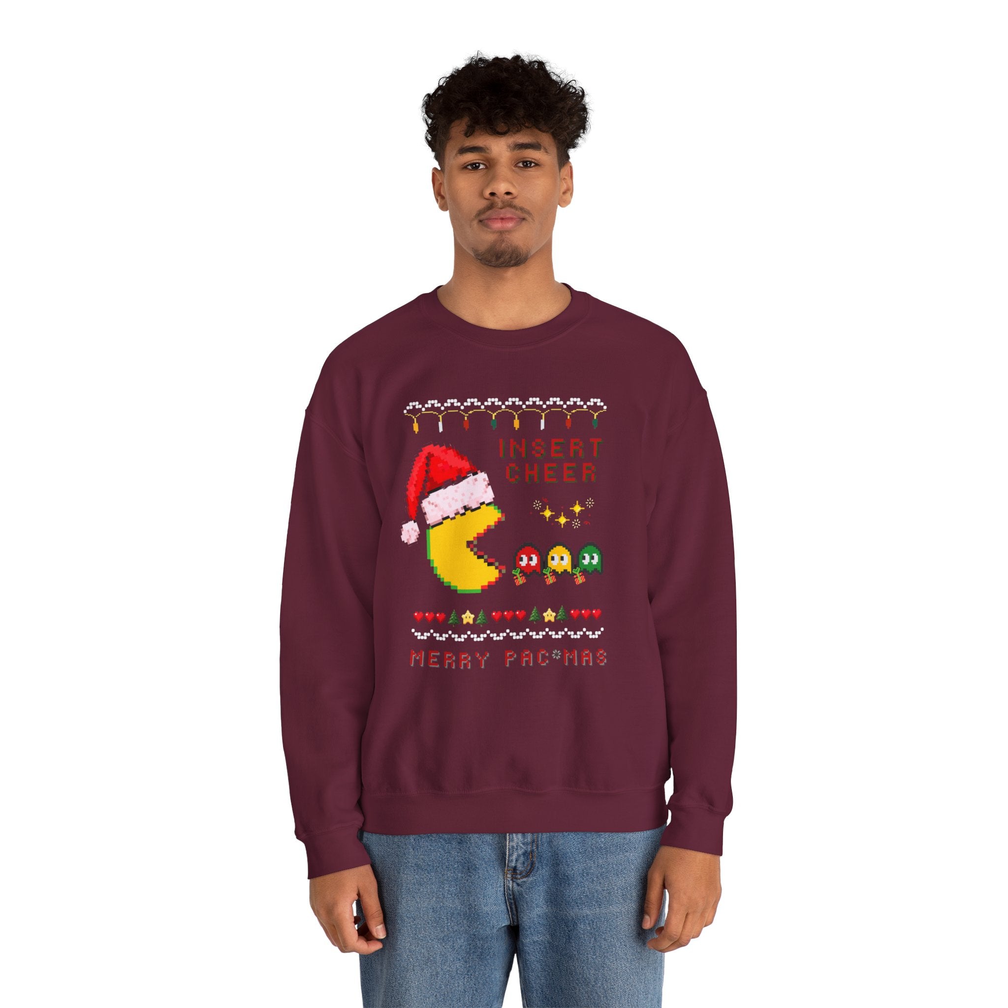 Merry Pac-Man Holiday Sweatshirt — "Insert Cheer" Retro Gamer Christmas Crewneck