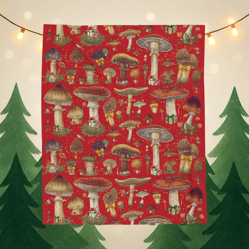 Vintage Magic Mushroom Christmas Theme- Velveteen Plush Blanket -  Red Throw- Unique Gift ideas