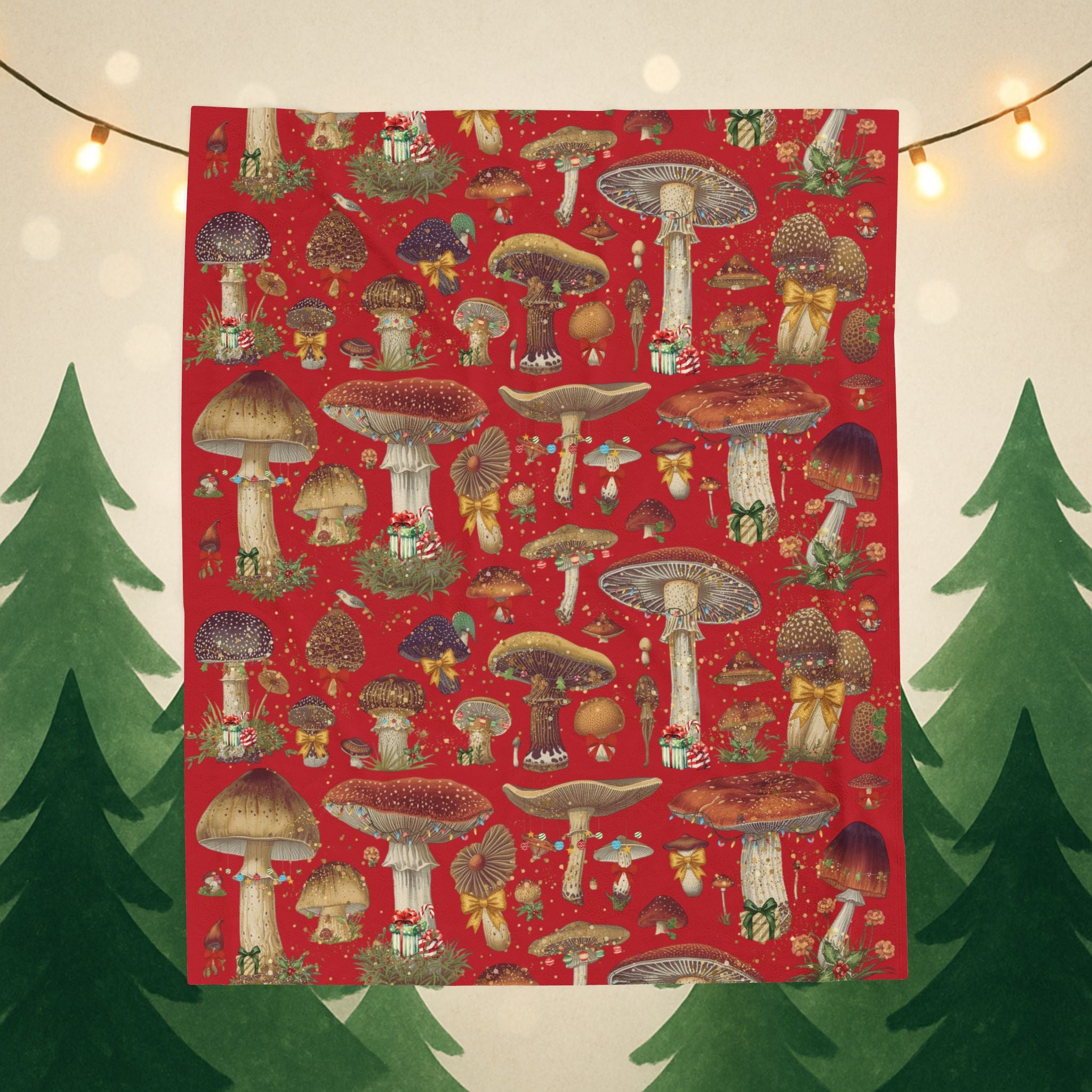 Vintage Magic Mushroom Christmas Theme- Velveteen Plush Blanket -  Red Throw- Unique Gift ideas