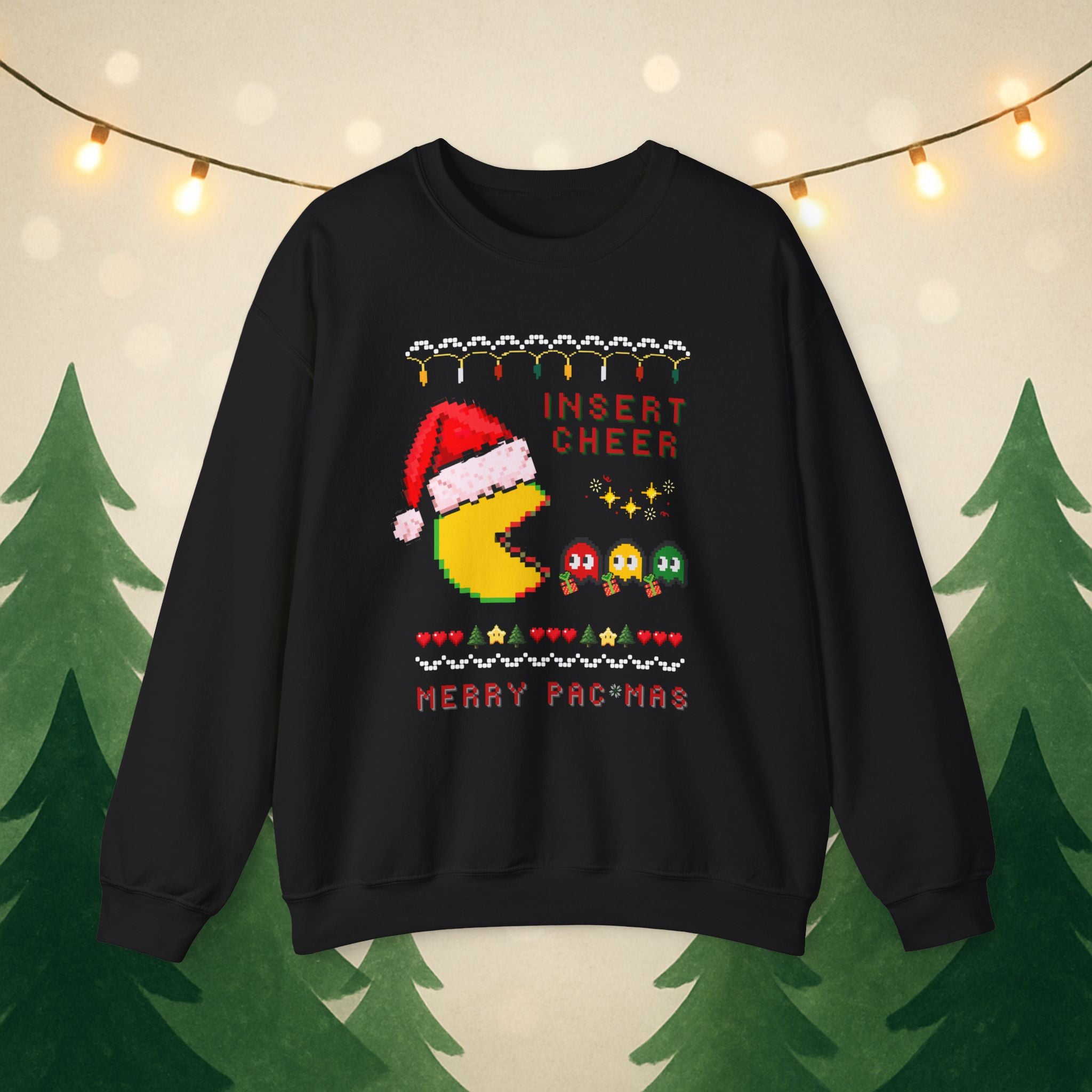 Merry Pac-Man Holiday Sweatshirt — "Insert Cheer" Retro Gamer Christmas Crewneck