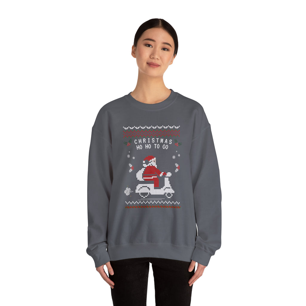 Christmas Ho Ho To Go Sweatshirt — Santa Scooter Holiday Crewneck, holiday ugly christmas sweatshirt, unisex, heavy blend