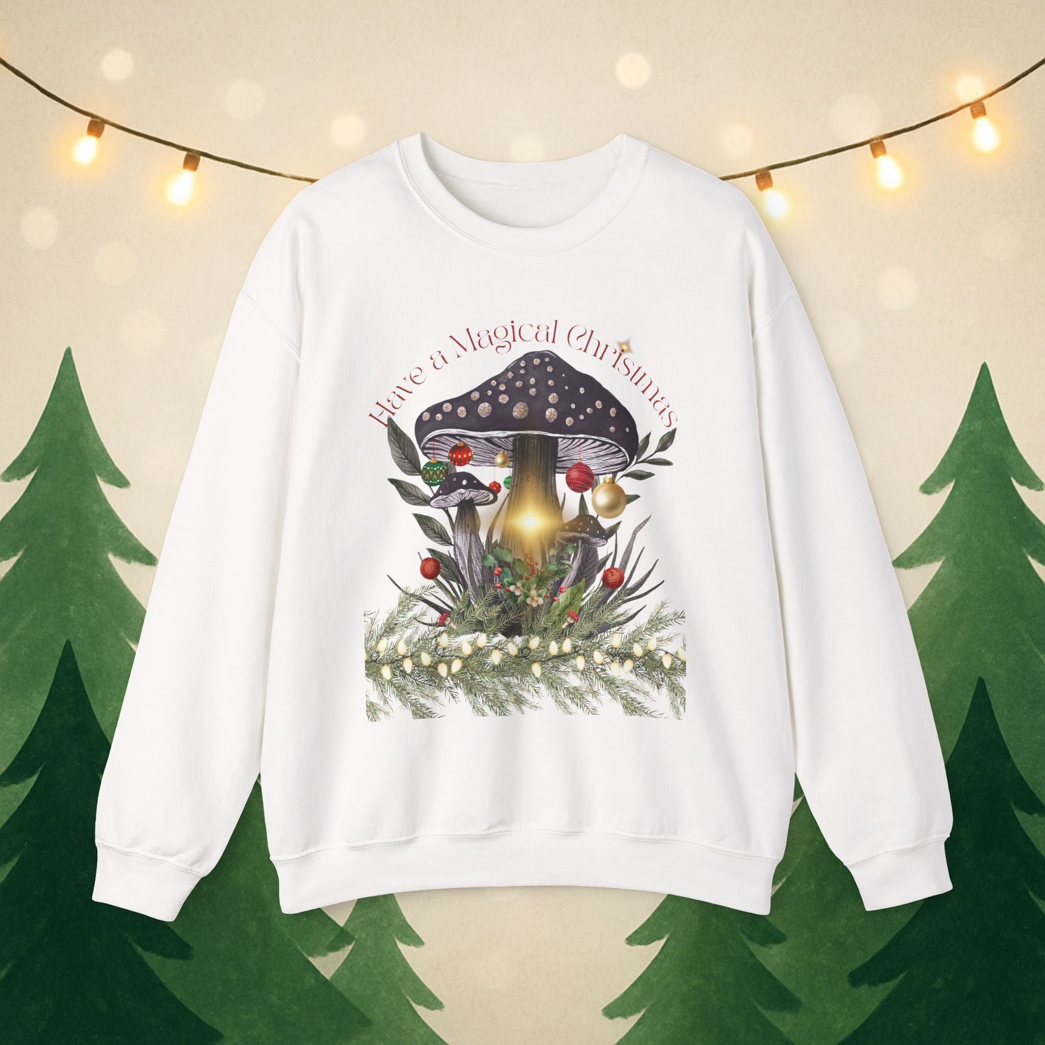 Magic Mushroom Holiday Sweatshirt — "There's a Light in the Center" Cozy, Magic Vintage Mushroom Christmas