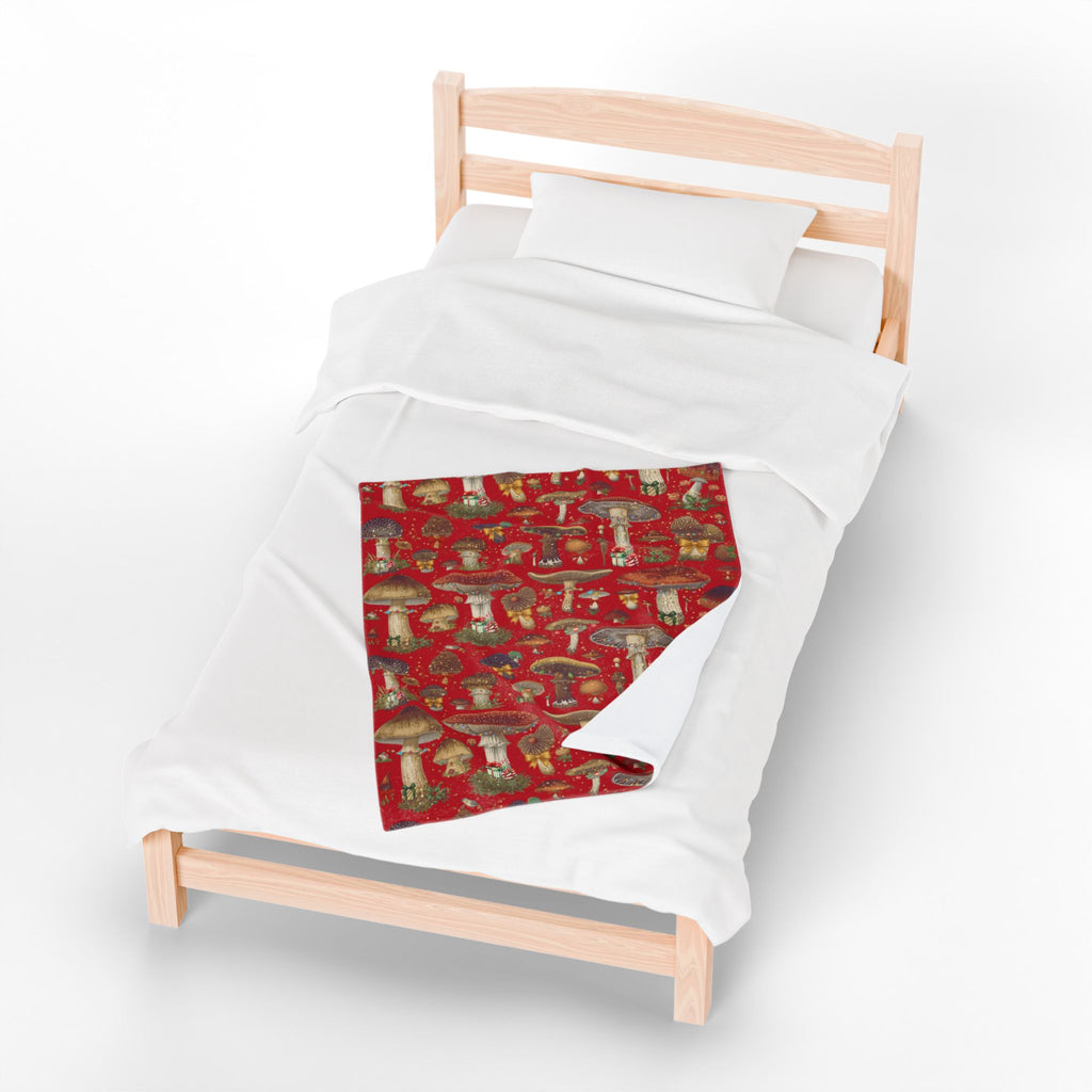Vintage Magic Mushroom Christmas Theme- Velveteen Plush Blanket -  Red Throw- Unique Gift ideas