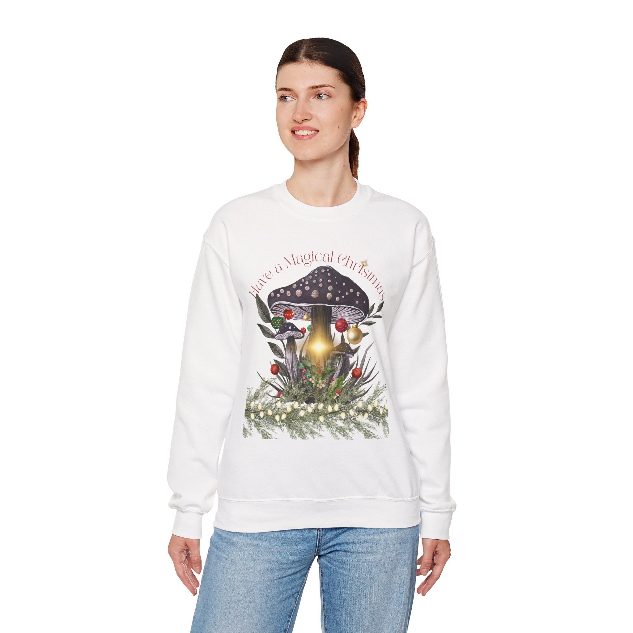 Magic Mushroom Holiday Sweatshirt — "There's a Light in the Center" Cozy, Magic Vintage Mushroom Christmas
