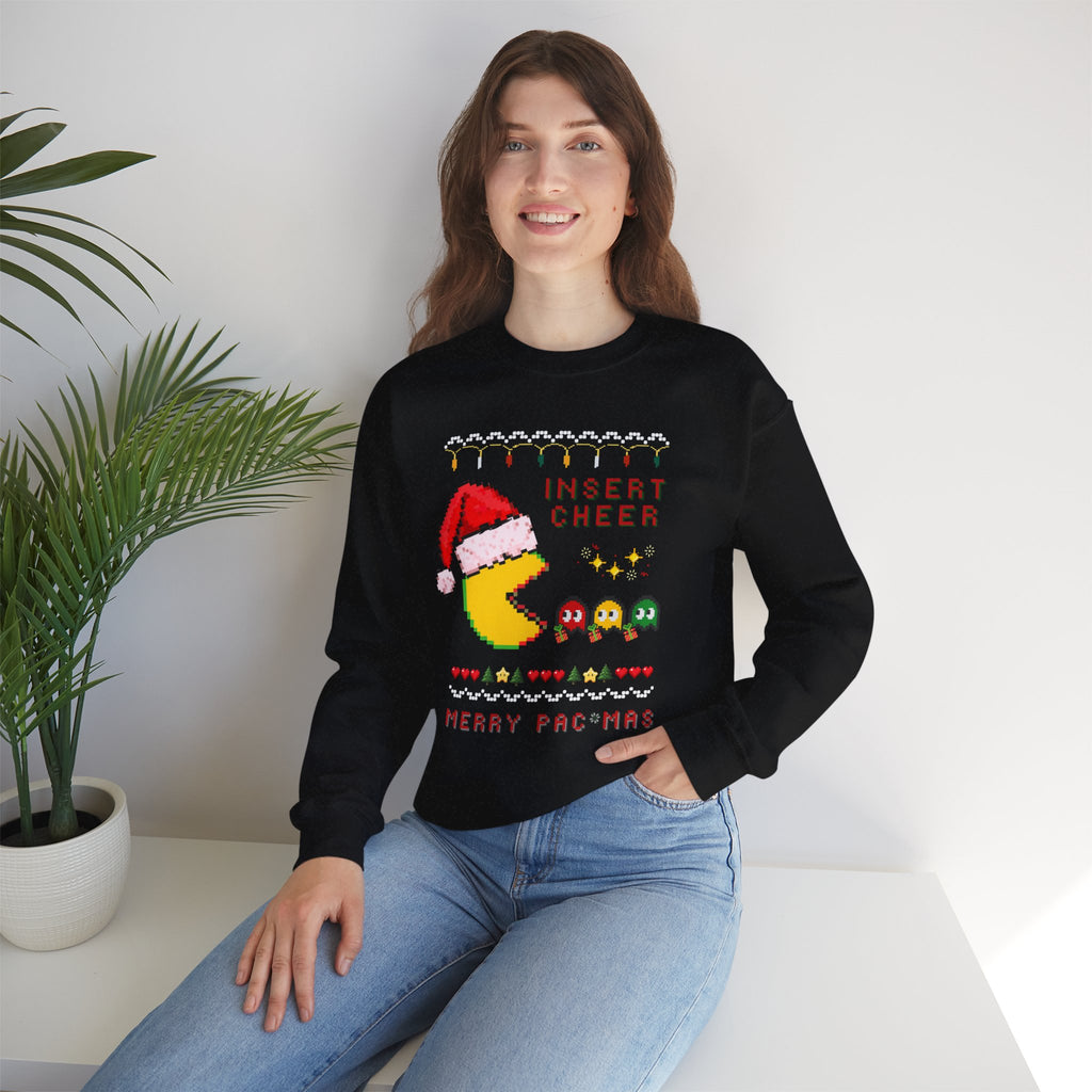 Merry Pac-Man Holiday Sweatshirt — "Insert Cheer" Retro Gamer Christmas Crewneck