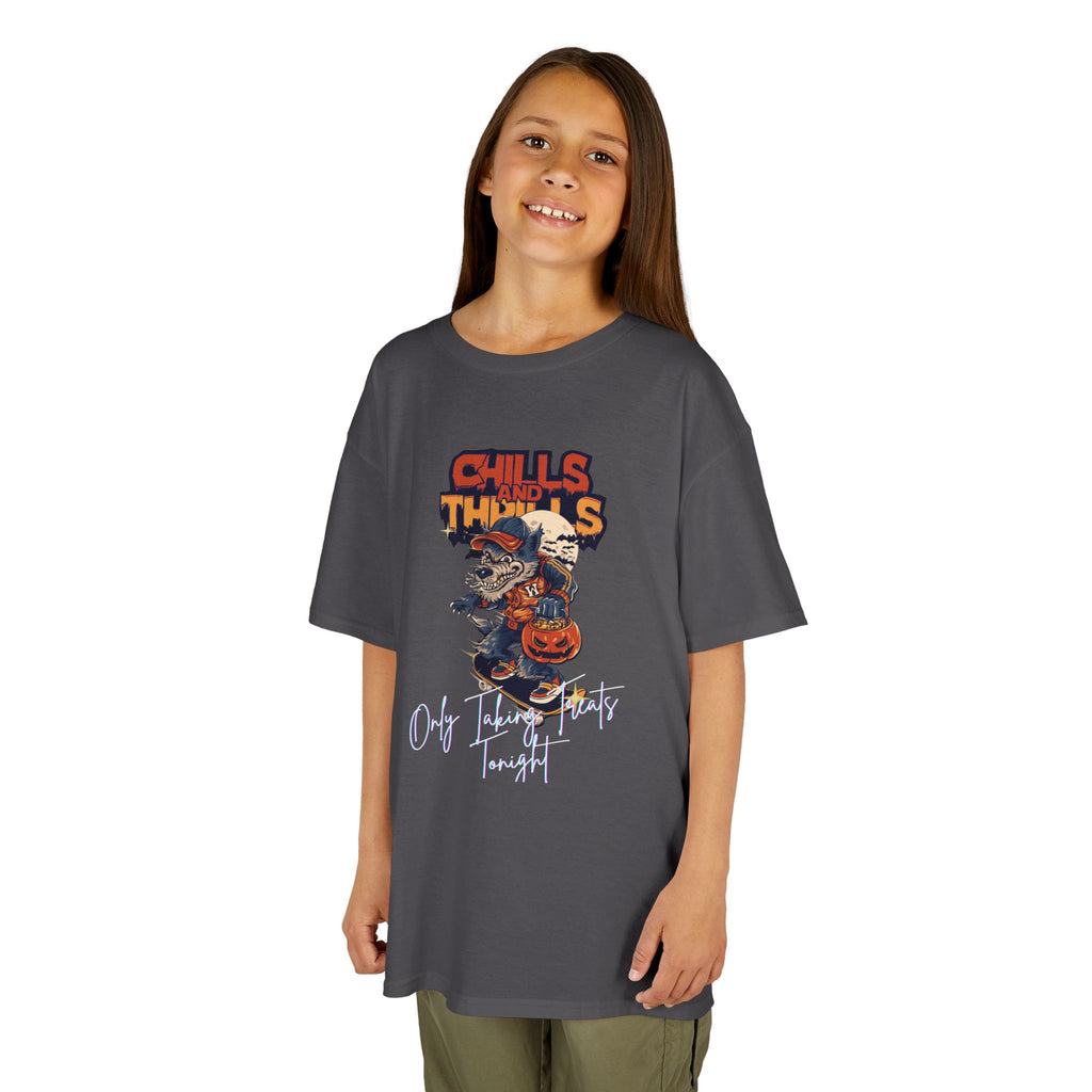 "Only Taking Treats Tonight" Kids Halloween Skateboard Tee, Chills and Thrills  6 colors