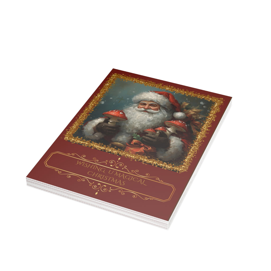 Personalized Holiday Santa Greeting Card Mushroom Theme— "Wishing U Magical Christmas" (Bulk Packs: (10/30/50)