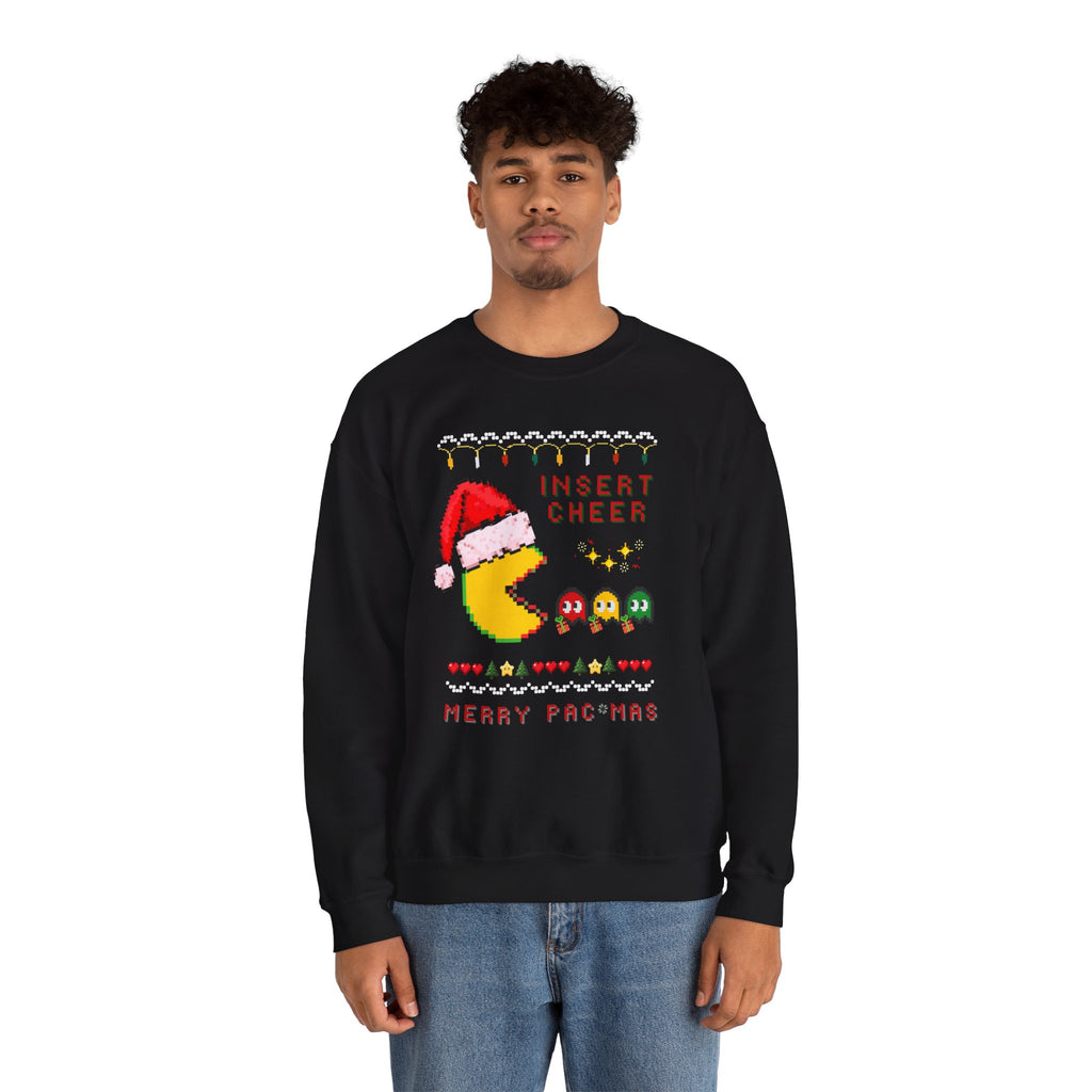 Merry Pac-Man Holiday Sweatshirt — "Insert Cheer" Retro Gamer Christmas Crewneck