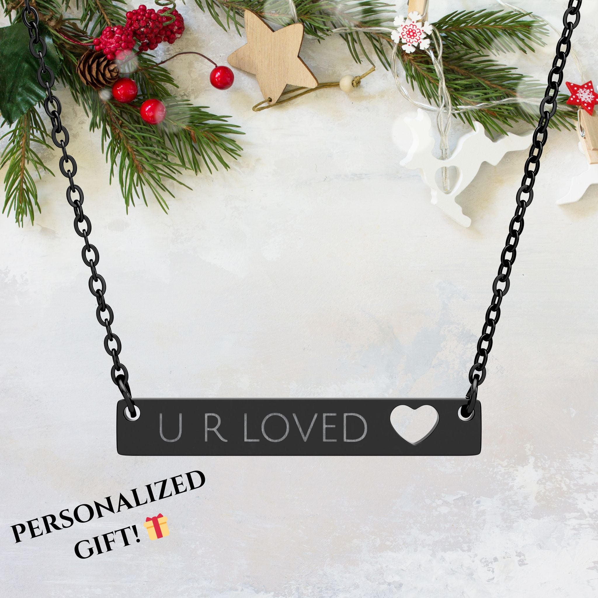 Personalized or Faith Script Heart Bar Necklace — Engraved Cutout Heart, 18K rose gold PVD, Stainless Steel, Black, Rainbow, 18K Rose Gold PVD