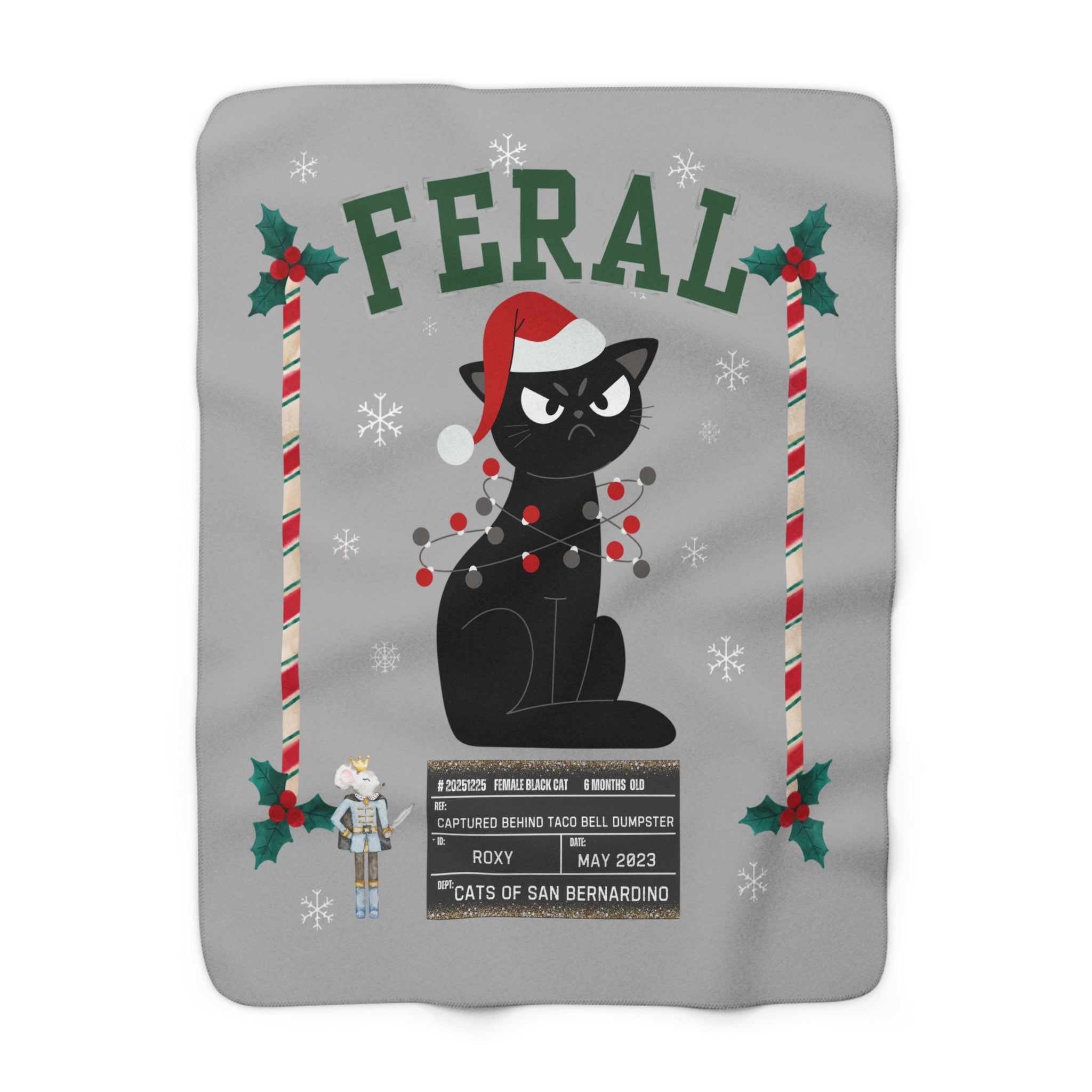 "Feral" Cat Personalized Holiday Sherpa Blanket — Cute Black Cat Christmas Throw, 50% of profits support Animal Rescues