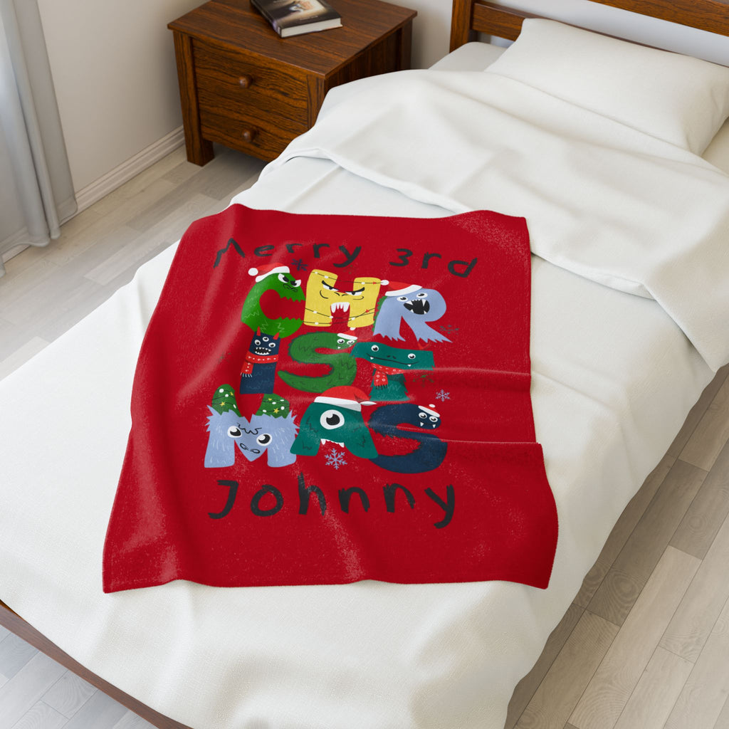 Kids Gift Plush Blanket — Personalized "Merry 3rd Christmas Johnny" Kids Holiday Throw, Velveteen, 2 sizes
