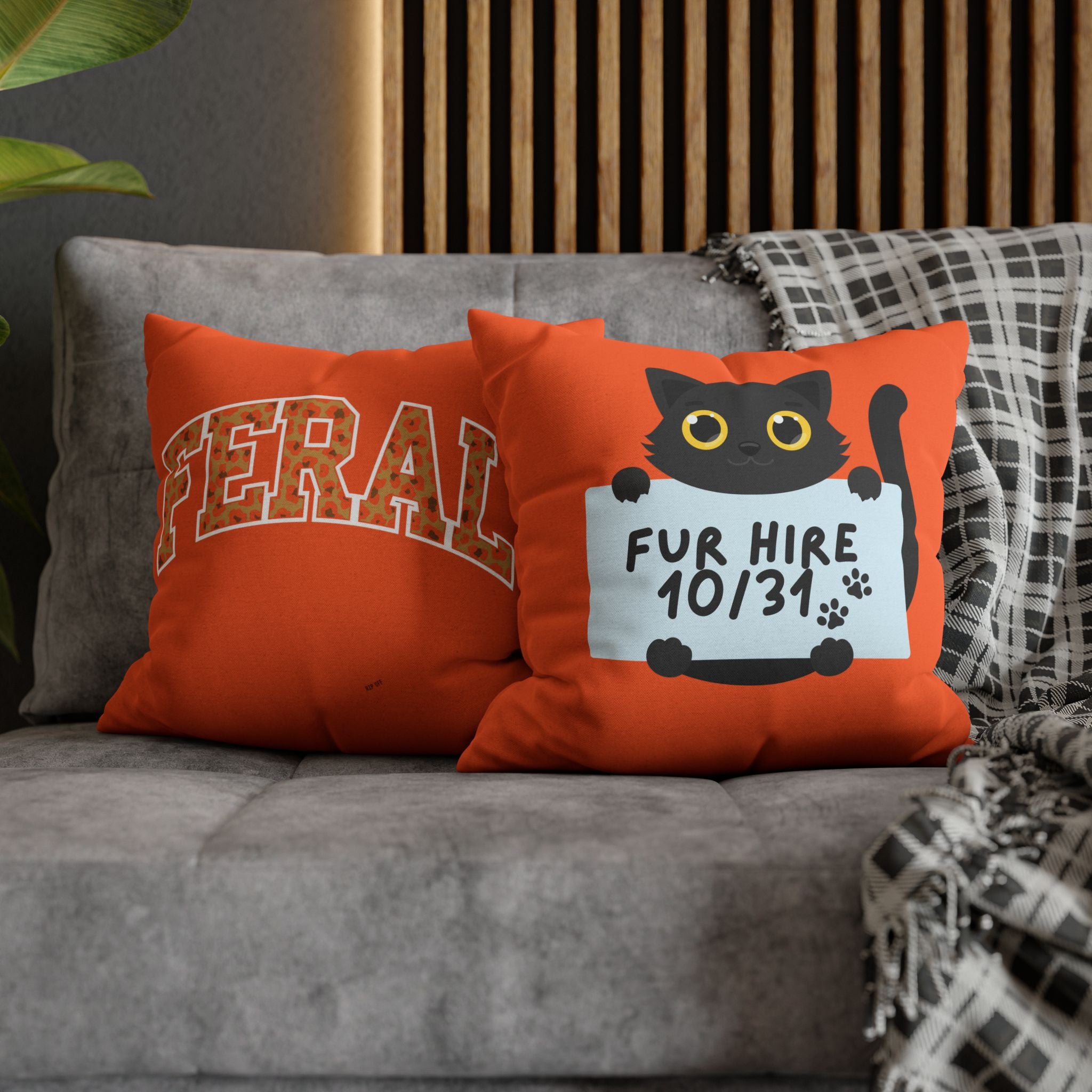 "Feral" and " Fur Hire" Cat Reversible Halloween Pillowcase, 3 sizes