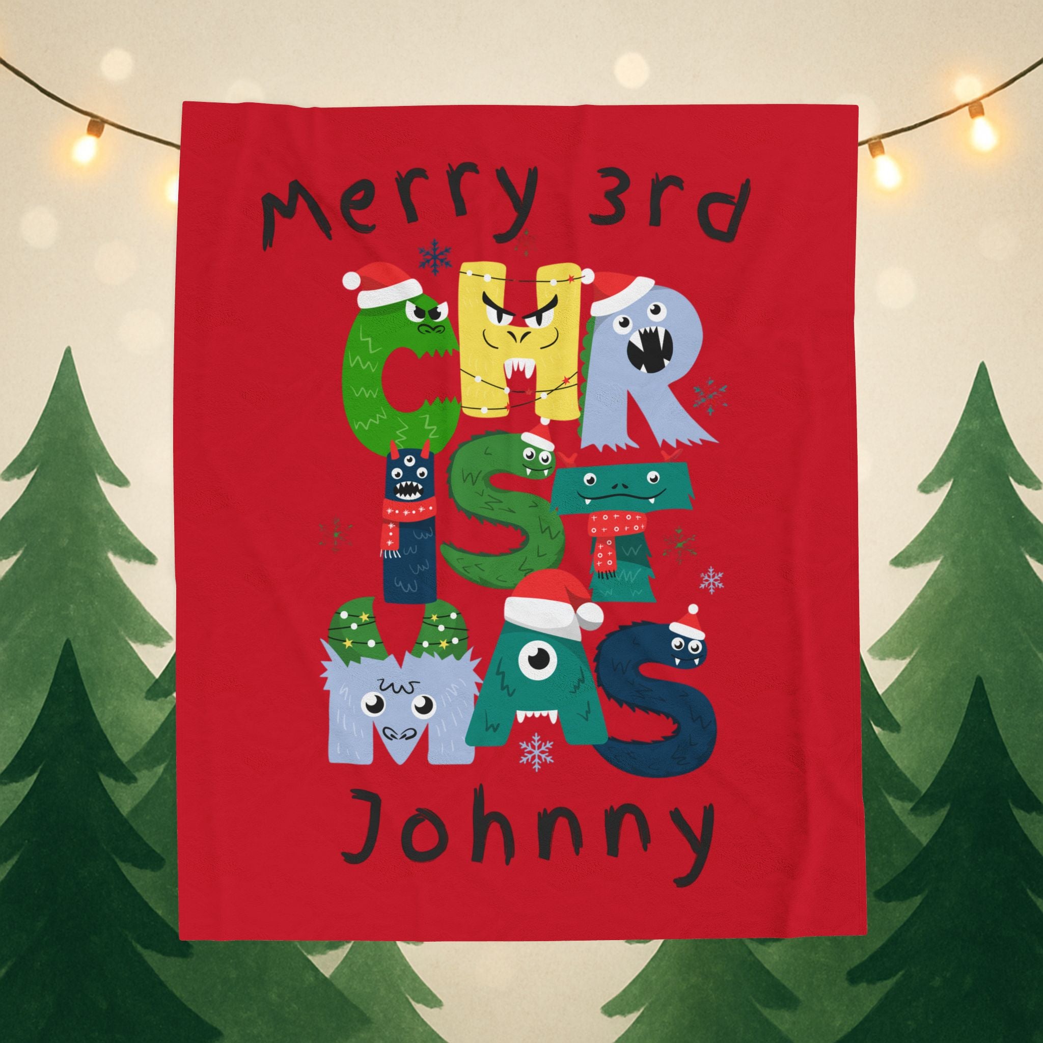 Kids Gift Plush Blanket — Personalized "Merry 3rd Christmas Johnny" Kids Holiday Throw, Velveteen, 2 sizes