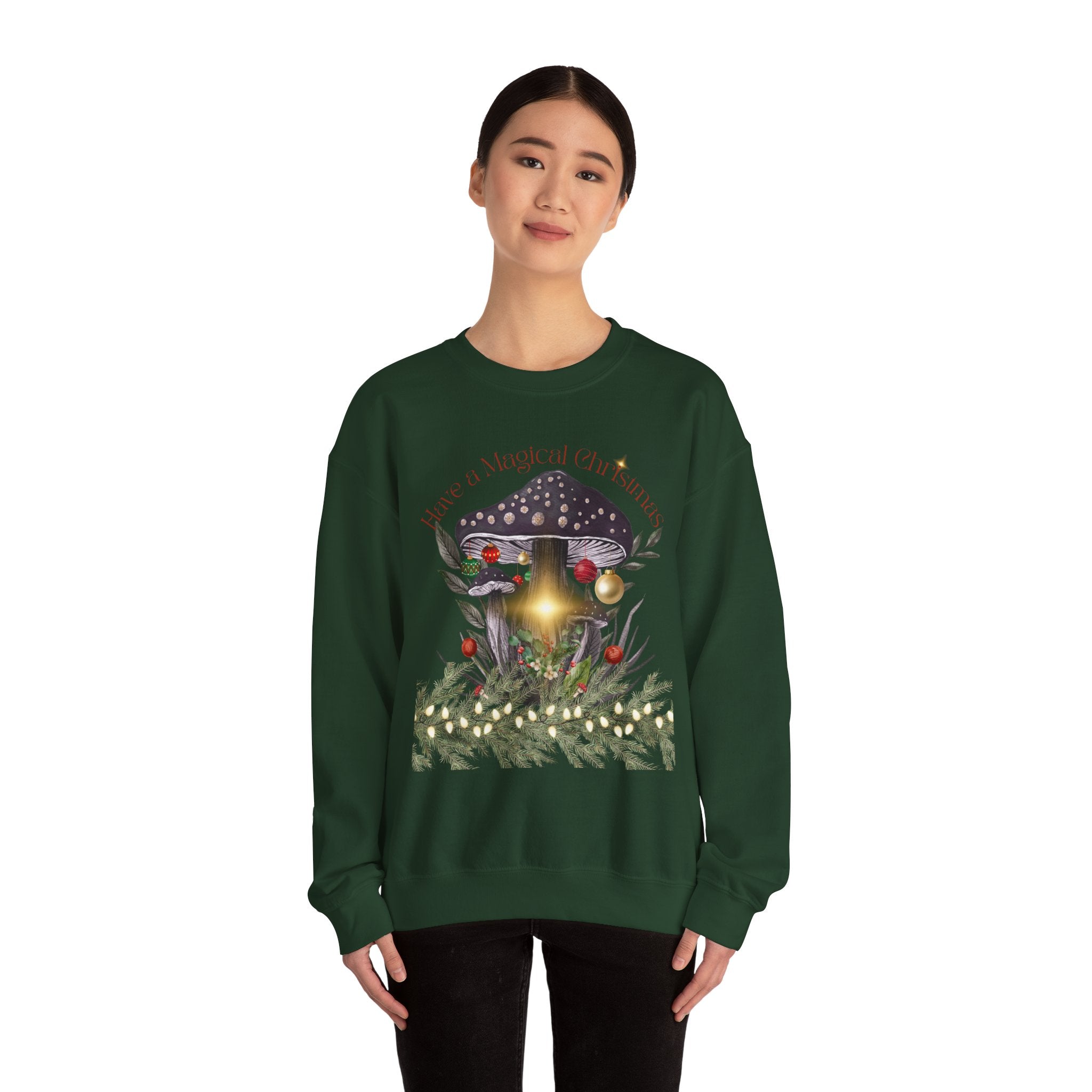 Magic Mushroom Holiday Sweatshirt — "There's a Light in the Center" Cozy, Magic Vintage Mushroom Christmas