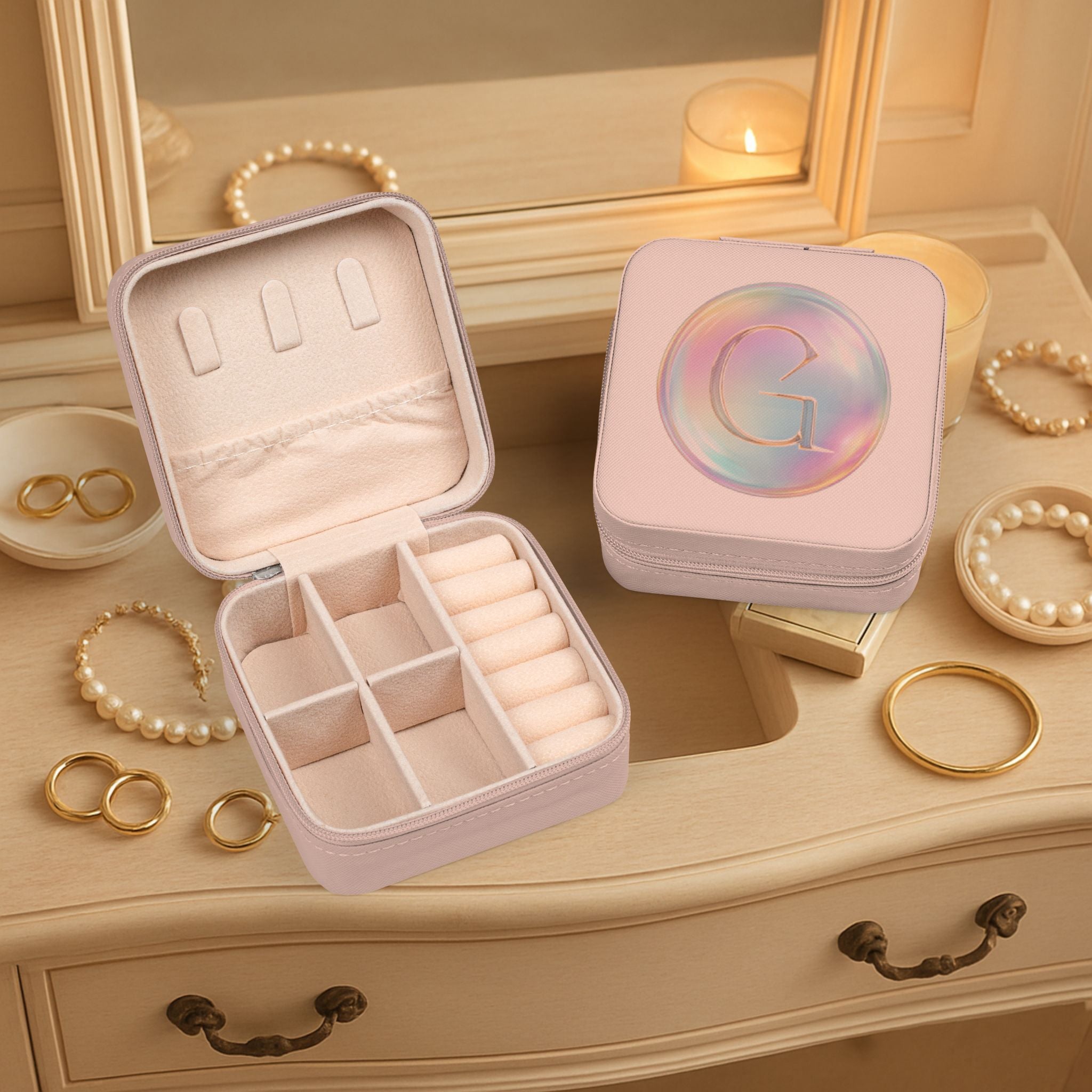 Personalized Monogram Travel Jewelry Case — Compact Organizer with Ring & Earring Compartments, Perfect Gift
