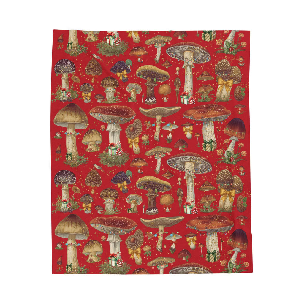Velveteen Plush Blanket - Vintage Mushroom Christmas Red Throw