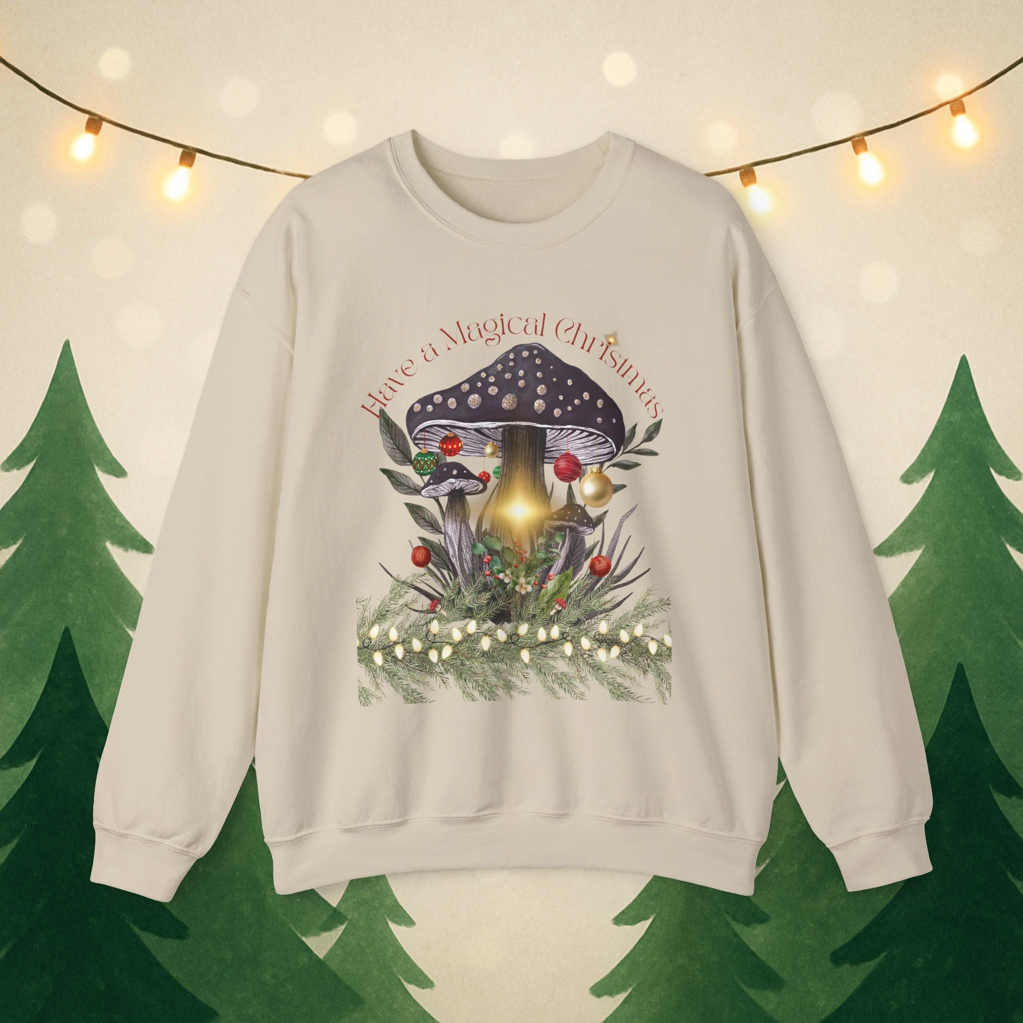 Magic Mushroom Holiday Sweatshirt — "There's a Light in the Center" Cozy, Magic Vintage Mushroom Christmas