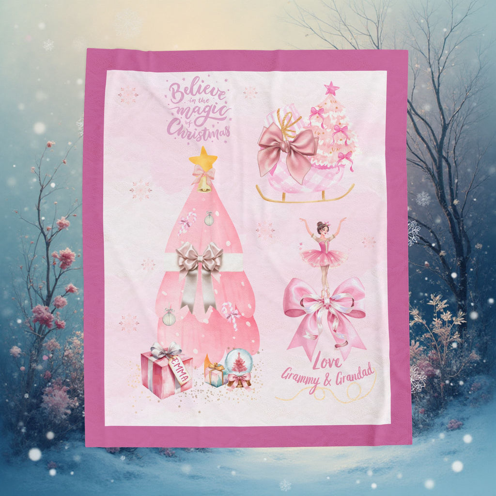 Pink Christmas Personalized Velveteen Blanket – “Believe in Magic” Holiday Throw for Girls & Grandkids, Daughters, Gifts for Her